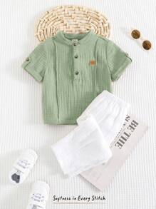 Cozy Pixies 2pcs Baby Boy Solid Color Stand Collar Short Sleeve Half-Zip Top With Decorative Stitching, Elastic Waist Pants, Summer Casual Set