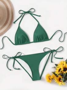 Swim Basics 2pcs/Set Solid Color Halter Tie Bikini Swimsuit For Summer Beach Vacation - Army Green - View 4