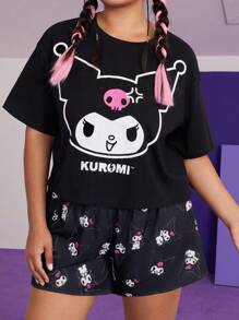 HELLO KITTY AND FRIENDS | SHEIN 大码女式夏季可爱卡通印花短袖上衣和短裤黑色睡衣套装 - 黑色 - 查看 4