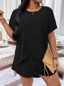 SHEIN LUNE Conjunto de talla grande para mujer de unicolor con cuello redondo y manga corta casual envolvente, adecuado para salir, vacaciones y uso diario, primavera/verano - Negro - Ver 7