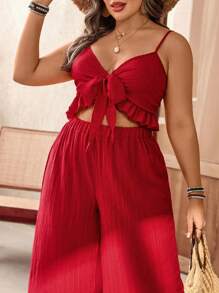 Breezaya 2 Pieces Women's Plus Size Vacation Style Bowknot Camisole & Pants Outfit
