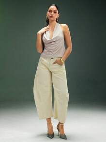 Denimoi 垂坠式露背上衣，带有扭纹编织细节和金色金属配件，无袖露背早午餐女孩之夜夏季度假风格 - 米色 - 查看 3