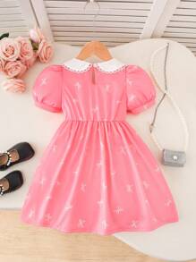Girls' Sweet Butterfly Print Puff Sleeve Colorblock Spring Dress With Bow Design, & Elegant For Summer, Young Girl Formal Dress