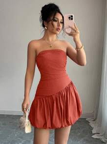 SHEIN Unity Women Ruched Asymmetrical Bubble Hem Tube Dress, Spring/Summer - Rust Brown - View 5