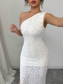 Elenzga Women's Lace Fitted Elegant Midi Dress With Ruffle Trim, Side Slit And Ruffled Hem, Extra Long Dress Suitable For Summer Vacation, Date, Everyday Wear