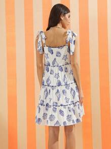 WESTFADE Summer Seashell Printed Square Neck Cute Bow Tie Strap A Line Mini Coastal Cowgirl Dress Spring Break Summer Beach Vacation Casual Cute Outfit - Blue - View 4