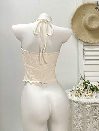 Breezaya 女士新款米色纹理针织面料花卉上衣，配编织丝带、贝壳亮片吊坠装饰、系带露背扭纹前性感衬衫，波西米亚风格，适合海滩度假、节日派对