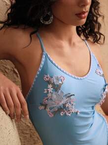 Swim Oasis Women's Embroidered Dog Tooth Contrast Color Floral Mesh One-Piece Swimsuit, Elegant Casual For Spring, Summer, Vacation, Beach Party, 2-Piece Set