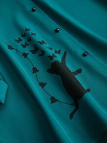 EMERY ROSE Plus Size Summer Casual Cat & Butterfly Print Shirt - Green - View 4