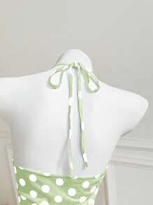SHEIN Unity Valentine's Day Polka Dot Bowknot Ruched Halter Neck Tank Top - Green - View 3