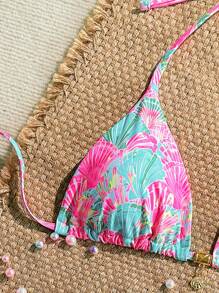 Swim Mod Sexy Halter Triangle Top Shell Decor One Piece Swimwear, Random Tropical Print, Summer Holiday - Multicolor - View 4