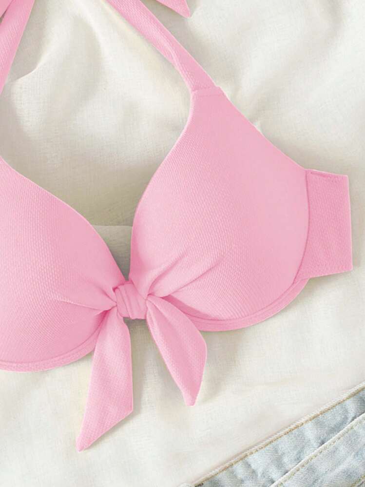 Bonvoyette Top de bikini rosa lindo con cuello de halter acolchado y lazo, Primavera/Verano 2026 - Rosa - Ver 7
