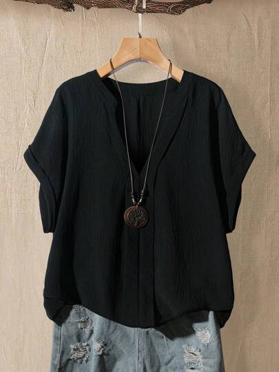 Linhara 大码纯色缺口领休闲短袖衬衫，夏季