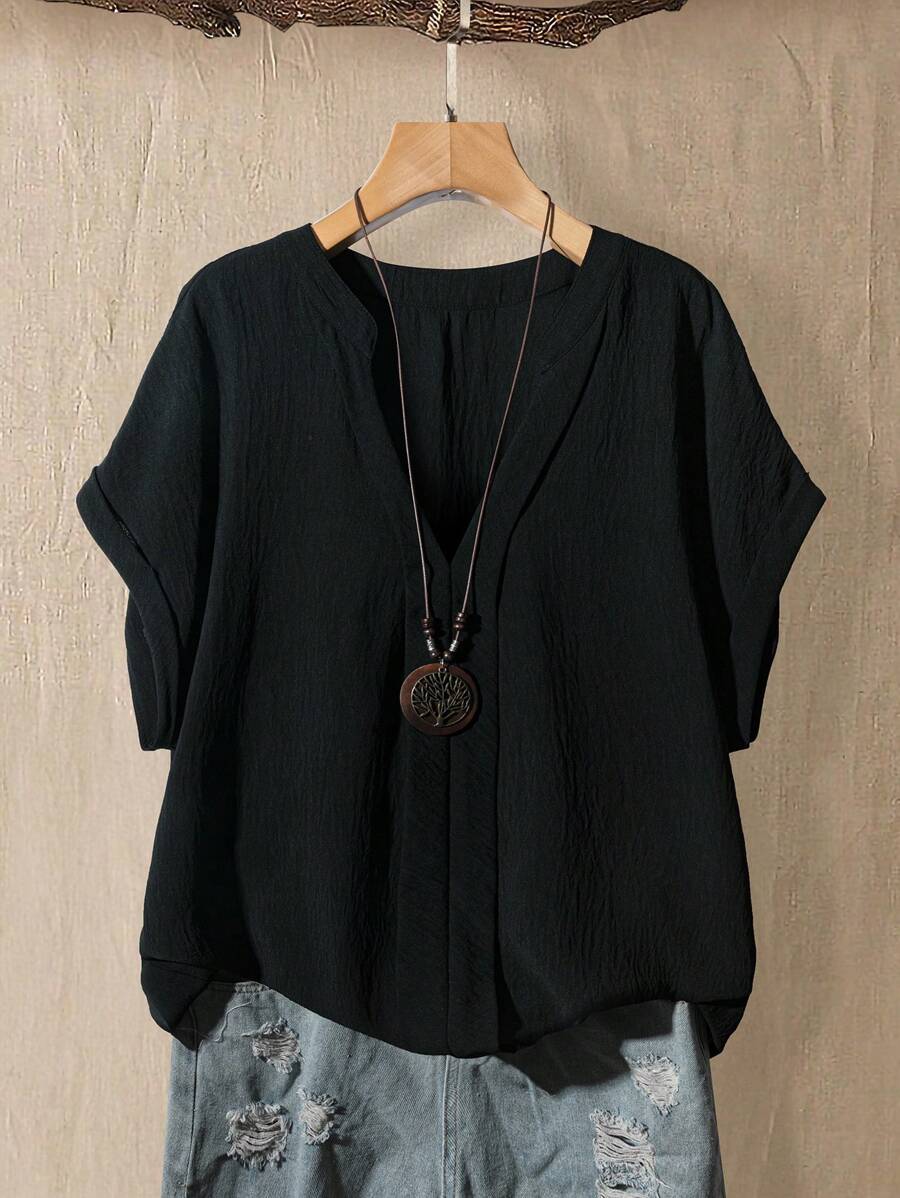 Linhara 大码纯色缺口领休闲短袖衬衫，夏季 - 黑色 - 查看 1