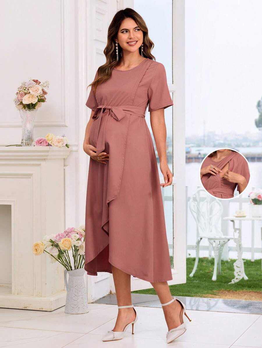 SHEIN Maternity Dress With Short Sleeves, Waist Ruched Drawstring, Hidden Zipper On Both Sides, Asymmetric Hem - Dusty Pink - View 1