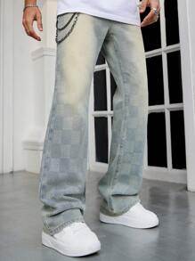 ROMWE MEN Street Life Men's Casual Checkerboard Washed Checked Flare Leg Jeans - Blue - View 1