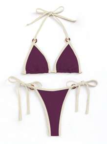 Swim Vcay 女士度假海滩撞色饰边泳衣套装 - 酒紅色 - 查看 8