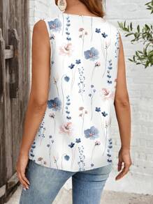 EMERY ROSE Plus Size Women's Casual Floral Allover Print V-Neck Sleeveless Shirt, Suitable For Summer - White - View 2