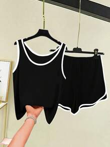 SHEIN LUNE Plus Size Casual Color Contrast Trim Tank Top And Shorts 2 Pieces Set, Summer - Black - View 1