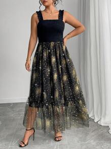 Elenzga Plus Size Patchwork Foil Mesh Extra Long Dress