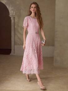 MOTF LACE BELTED RHINESTONE DETAIL DRESS