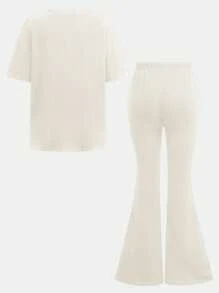 SHEIN Leap Crew 青少年女孩休闲简约短袖上衣和长裤两件套服装，适合夏季 - 米色 - 查看 2