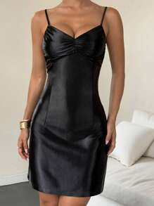 SHEIN Unity Women's Solid Color Pleated Fitted Mini Camisole Dress, Fashionable - Black - View 6