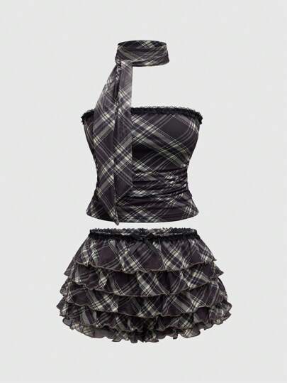 J-Fashion Set de 2 piezas de shorts de mujer con estampado de cuadros retro Y2K y volantes, talla grande