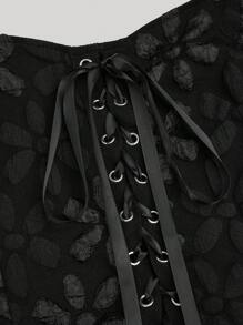 Sweetra Plus Size Punk Goth Style Collared Jacquard Patchwork Grommet Tie Waist A-Line Shirt - Black - View 4