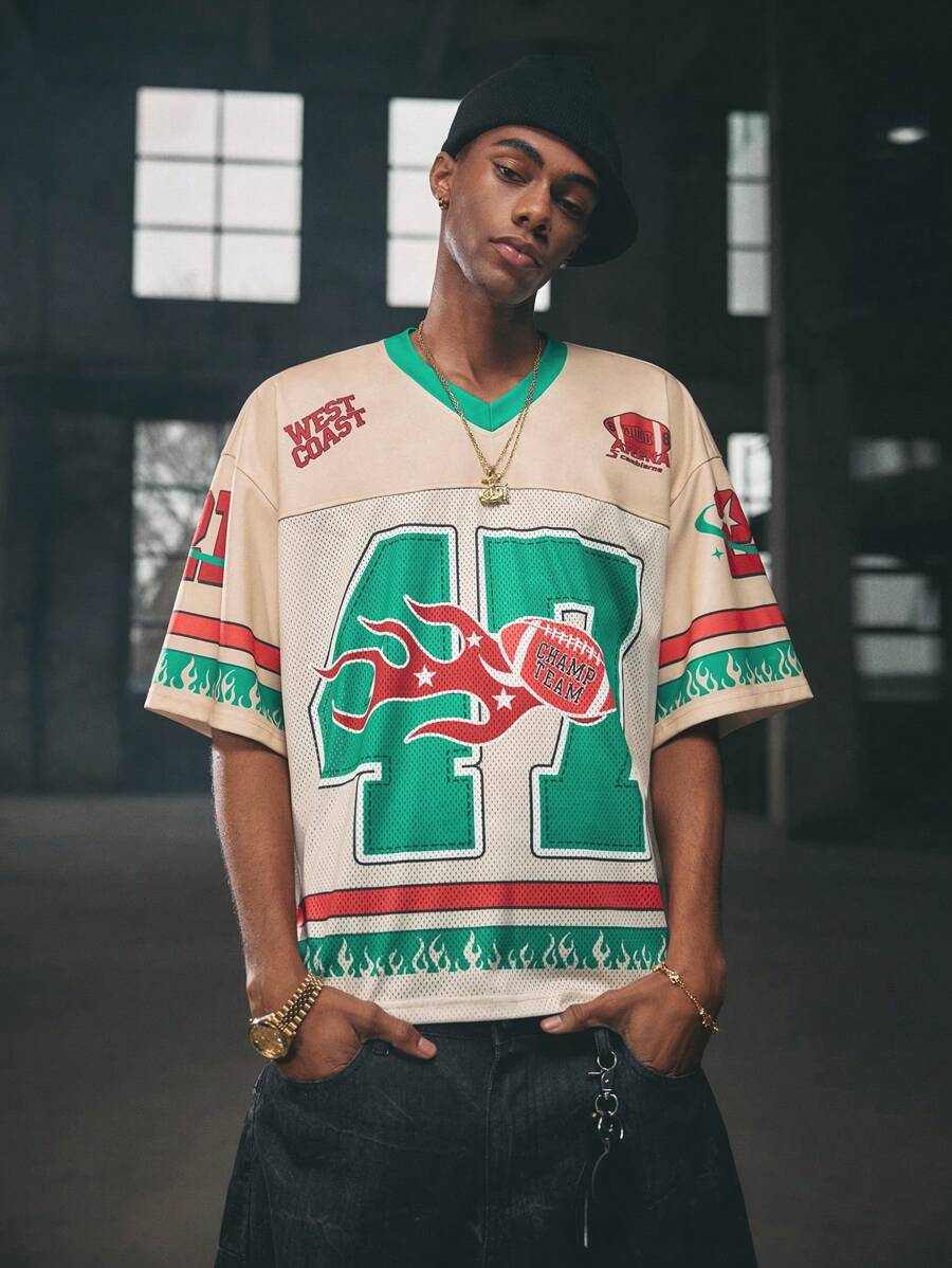 AXEPEAK V 领街头风格短袖宽松男士 Polo 衫，正面带印花图案 - 彩色 - 查看 1