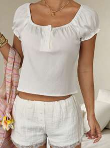 SHEIN Unity Women's Plain Button Half Placket Short Sleeve Casual Top - White - View 1