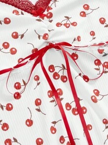 ROMWE Kawaii Cute & Sexy Lace Trim Cherry Ruched Elastic Fitted Tee For Women - Multicolor - View 2