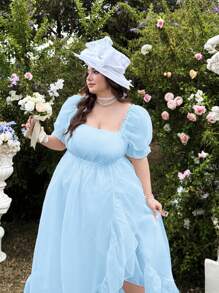 Flirla 大码方领欧根纱泡泡袖荷叶边下摆高开衩连衣裙，优雅甜美花园婚礼/新娘礼服，度假