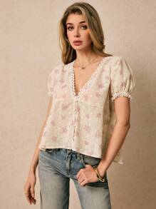 Poéselle 女士度假风刺绣泡泡袖休闲衬衫，度假女装，波西米亚风，可爱夏季上衣，外出上衣，夏季上衣 - 淡紫色 - 查看 5