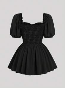 Sweetra Plus Size Punk Goth Style Collared Jacquard Patchwork Grommet Tie Waist A-Line Shirt - Black - View 2