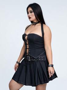 Whyspr Casual Punk Rave Plus Size Women 2pcs Set Sexy Cross Strap Tank Top And Pleated Skirt - Black - View 5