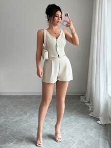 Chiquease Conjunto de 2 piezas para mujer, con top de cierre a presión y abertura en borde + shorts en unicolor simple de estilo casual y de diario