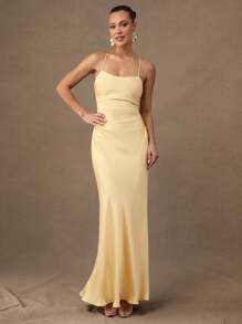 Silquee Đầm dạ hội màu vàng bơ cao cấp, thích hợp cho lễ tốt nghiệp đầu xuân hè, đám cưới và buổi hẹn hò lãng mạn ngày Valentine. Đầm ôm sát gợi cảm, thanh lịch với dây đeo xếp nếp. - Màu vàng - Xem 5