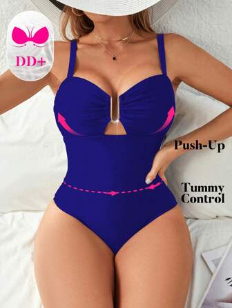 Swim DD+ 1 件纯色钢圈可调节肩带金属装饰连体泳衣