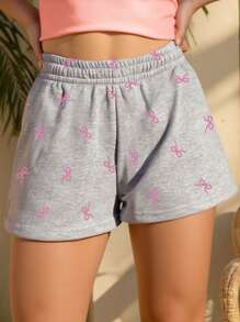 Casual Elastic Waist Bowknot Decor Shorts For Teen Girls, Pink