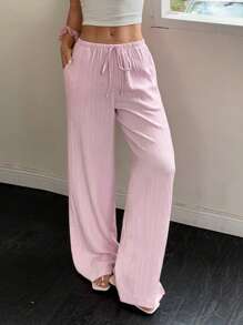 Flirla Damen einfarbige Hosen mit Taillenbindung und Taschen, weites Bein
