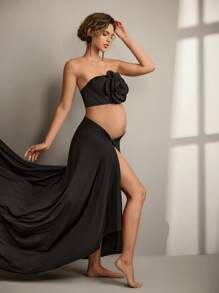 SHEIN Oversized 3D Floral Tube Top & Mermaid Bodycon Skirt Set For Maternity Photoshoot - Black - View 3