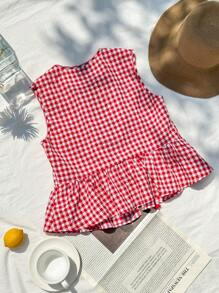 Comfortcana 女款红色和白色格子编织无袖衬衫，正面带结 - 紅色 - 查看 6