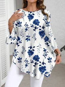 EMERY ROSE 大码休闲花卉印花短袖衬衫，优雅度假风格，适合春夏季