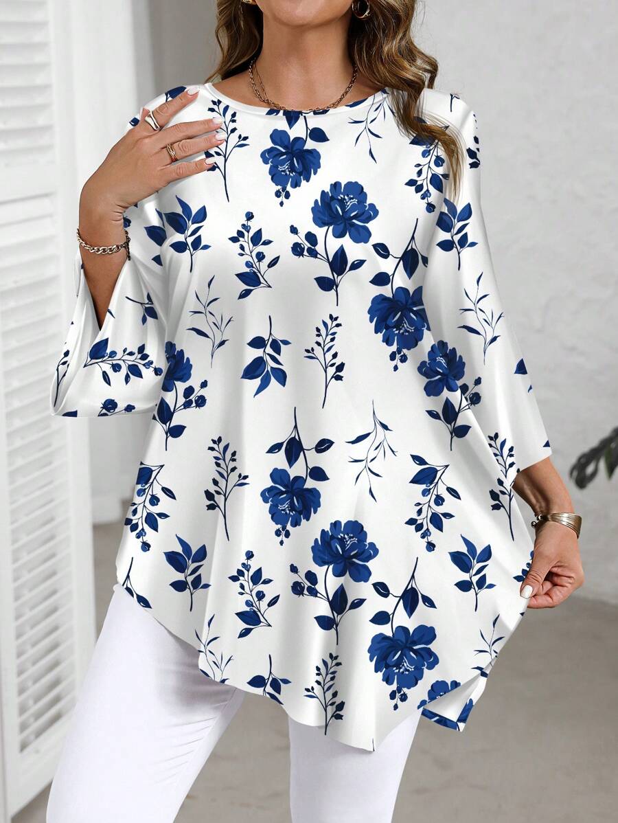 EMERY ROSE 大码休闲花卉印花短袖衬衫，优雅度假风格，适合春夏季