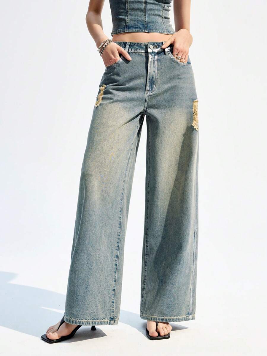 LYSMO Women's High Waist Pockets Distressed Wide Leg Loose Casual Versatile Jeans - Blue - View 1