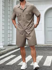 Manfinity Homme Plus Size Men's Solid Color Short Sleeve Utility Pocket Shirt And Shorts Casual Suit - Light Grey - View 6