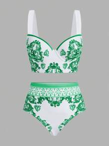 Swim Oasis 女士复古印花泳衣套装，适合海滩和度假 - 軍綠色 - 查看 3