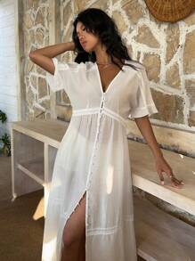 Sunnyshic Damen Kleid mit tiefem V-Ausschnitt und Spitzen-Patchwork, geeignet für den Urlaub - Weiss - Übersicht 5