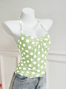 SHEIN Unity Valentine's Day Polka Dot Bowknot Ruched Halter Neck Tank Top - Green - View 7